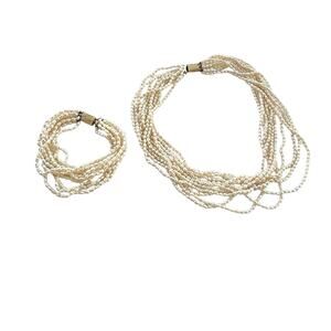 Genuine rice Pearl 10 strand Choker Necklace & Bracelet Set Vintage Old Money